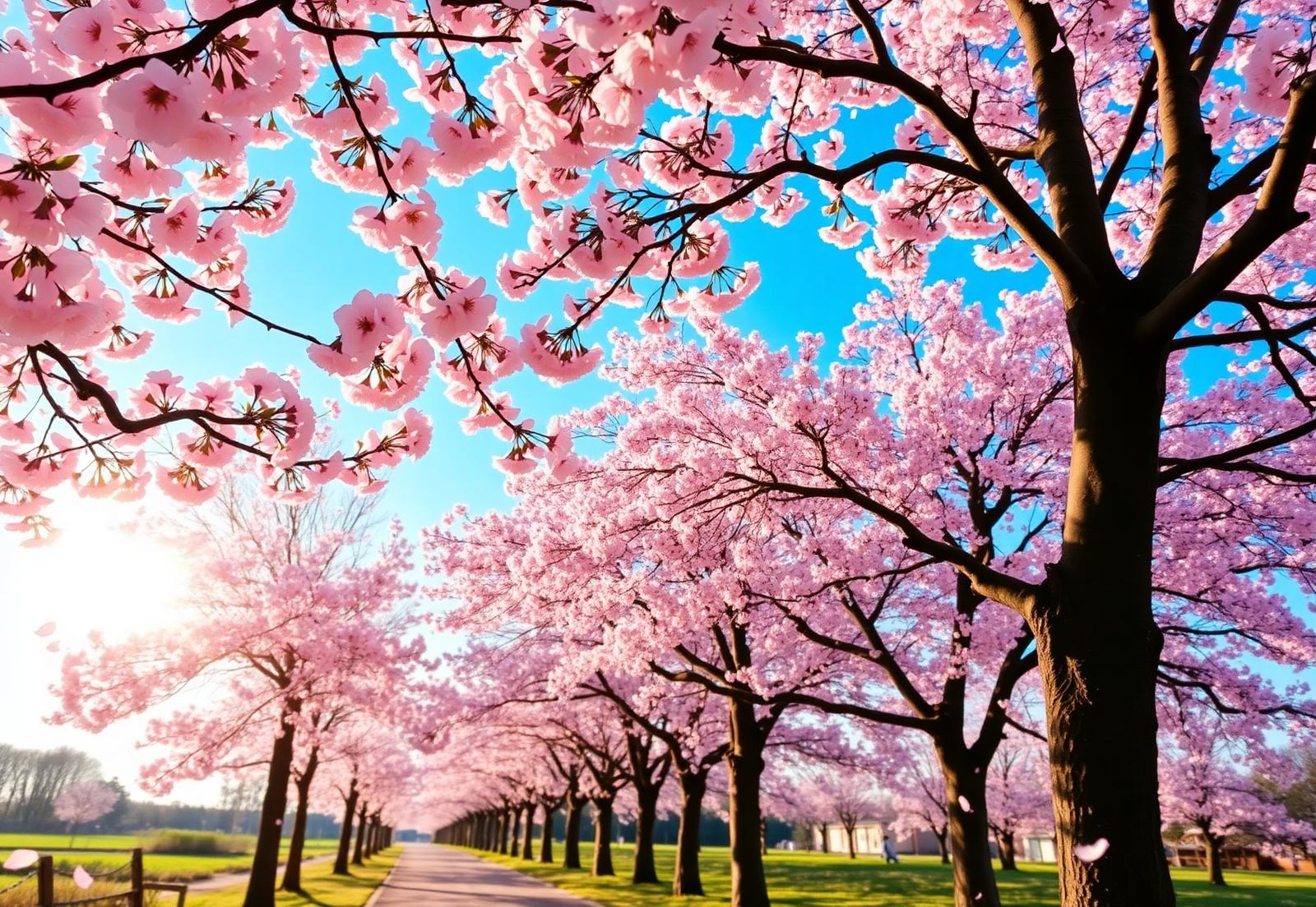 満開の桜並木と青空